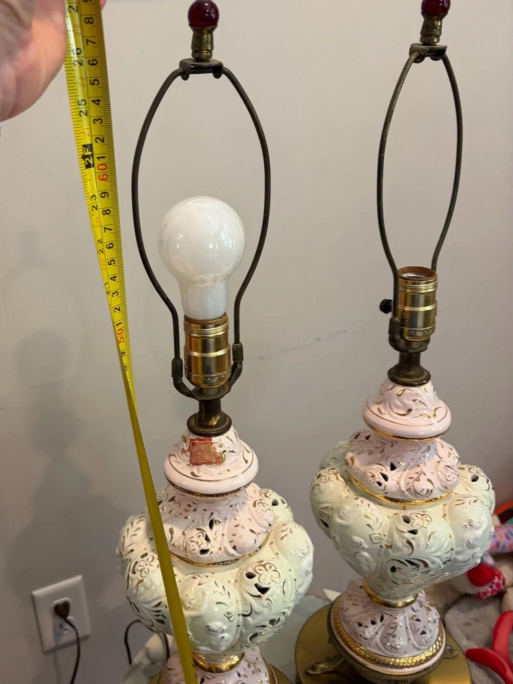 Vintage Capadimante Cherub Pink /Cream Porcelain Table Lamp Pair with koi feet